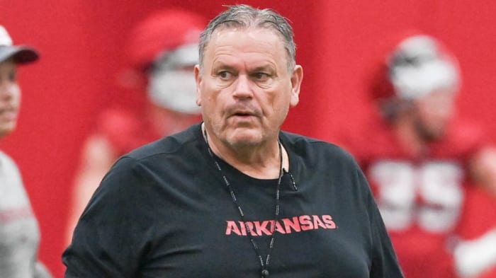 Razorbacks coach Sam Pittman at spring practice Thursday